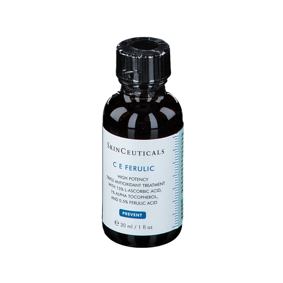 Flacon brun avec bouchon noir. Inscription: SkinCeuticals C E Ferulic. 30 ml / 1 fl oz.