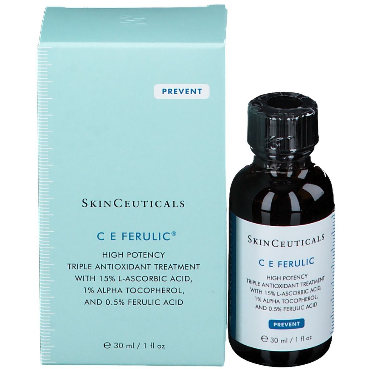 Flacon brun et emballage bleu clair. Inscription: SkinCeuticals C E Ferulic. 30 ml / 1 fl oz.