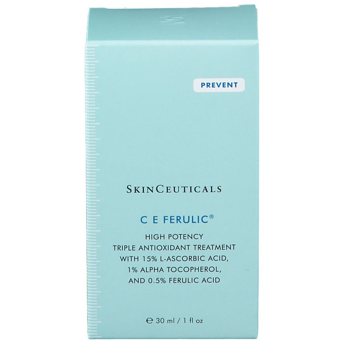 Emballage bleu clair. Inscription: SkinCeuticals C E Ferulic. 30 ml / 1 fl oz.