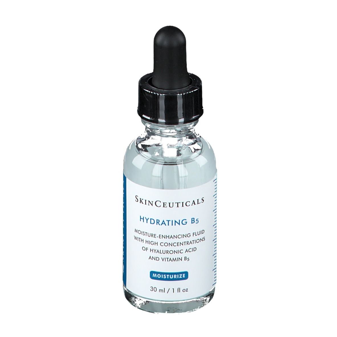 Flacone in vetro con contagocce. Skinceuticals Hydrating B5. Gel idratante con acido ialuronico e vitamina B5.