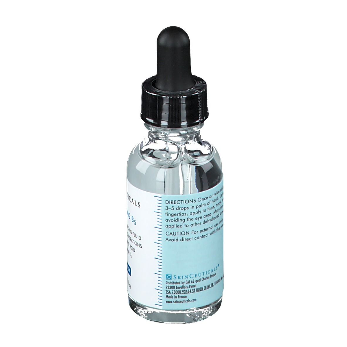 Retro del flacone. Skinceuticals Hydrating B5. Istruzioni per l'uso e informazioni di contatto.