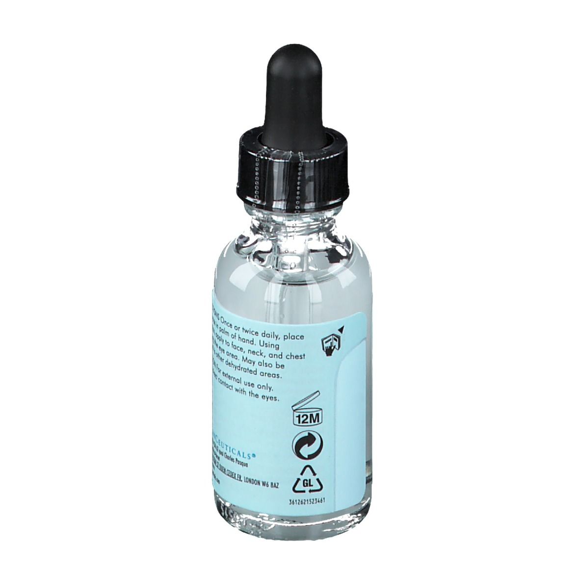 Retro del flacone. Skinceuticals Hydrating B5. Avvertenze e simboli di riciclaggio.