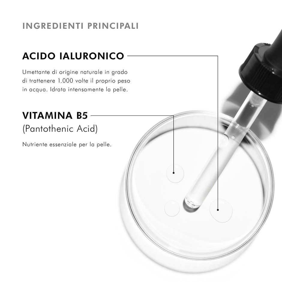 Grafico con gocce. Ingredienti principali: acido ialuronico e vitamina B5. Contagocce e liquido in una capsula di Petri.