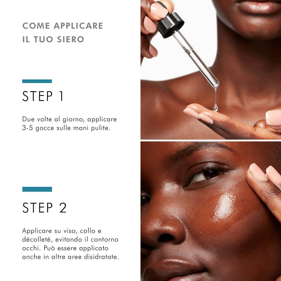 Applicazione del siero. Fase 1: Applicare 3-5 gocce sulle mani. Fase 2: Applicare su viso, collo e décolleté.