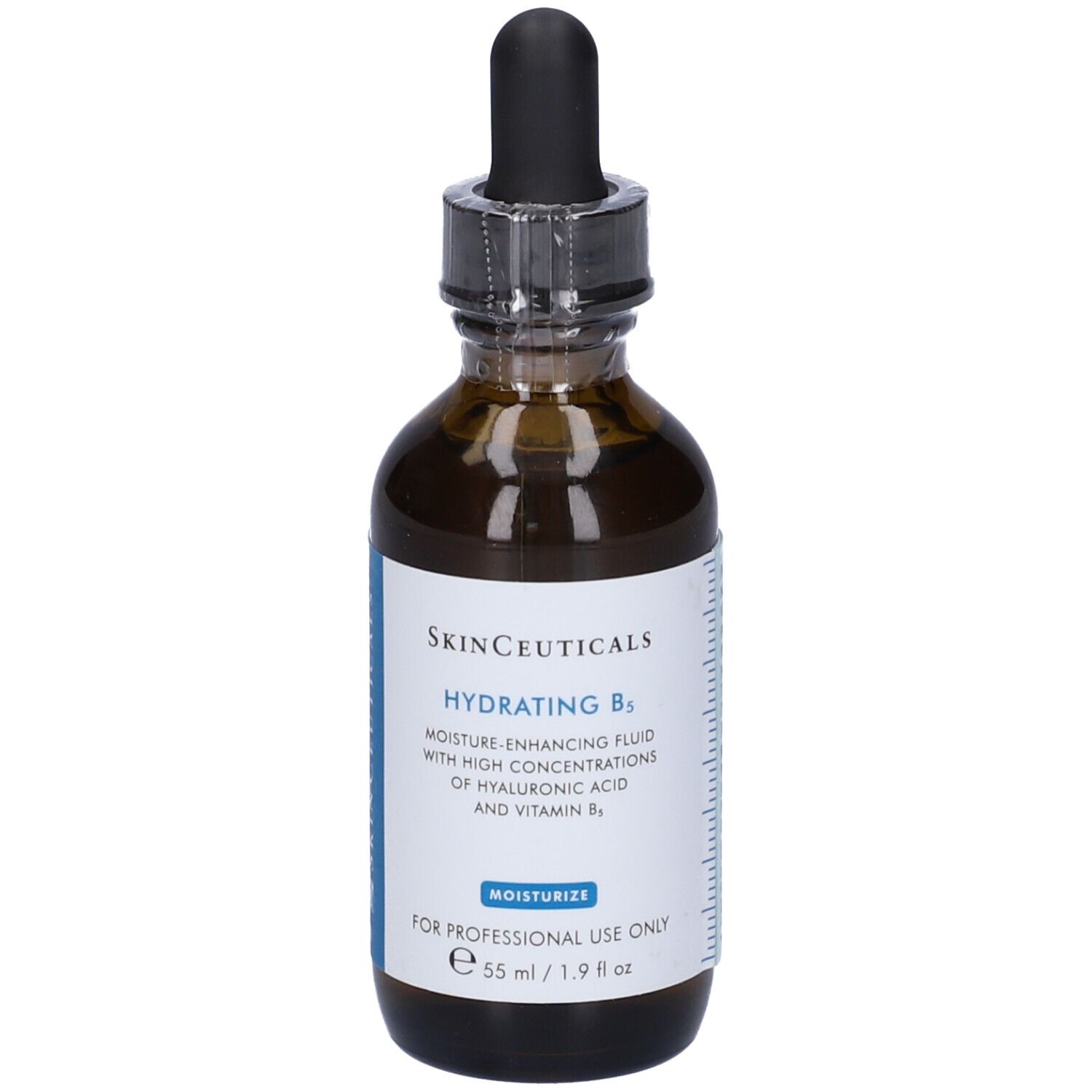 Flacone di vetro marrone con contagocce. Etichetta con nome del prodotto e ingredienti. "Skinceuticals Hydrating B5".