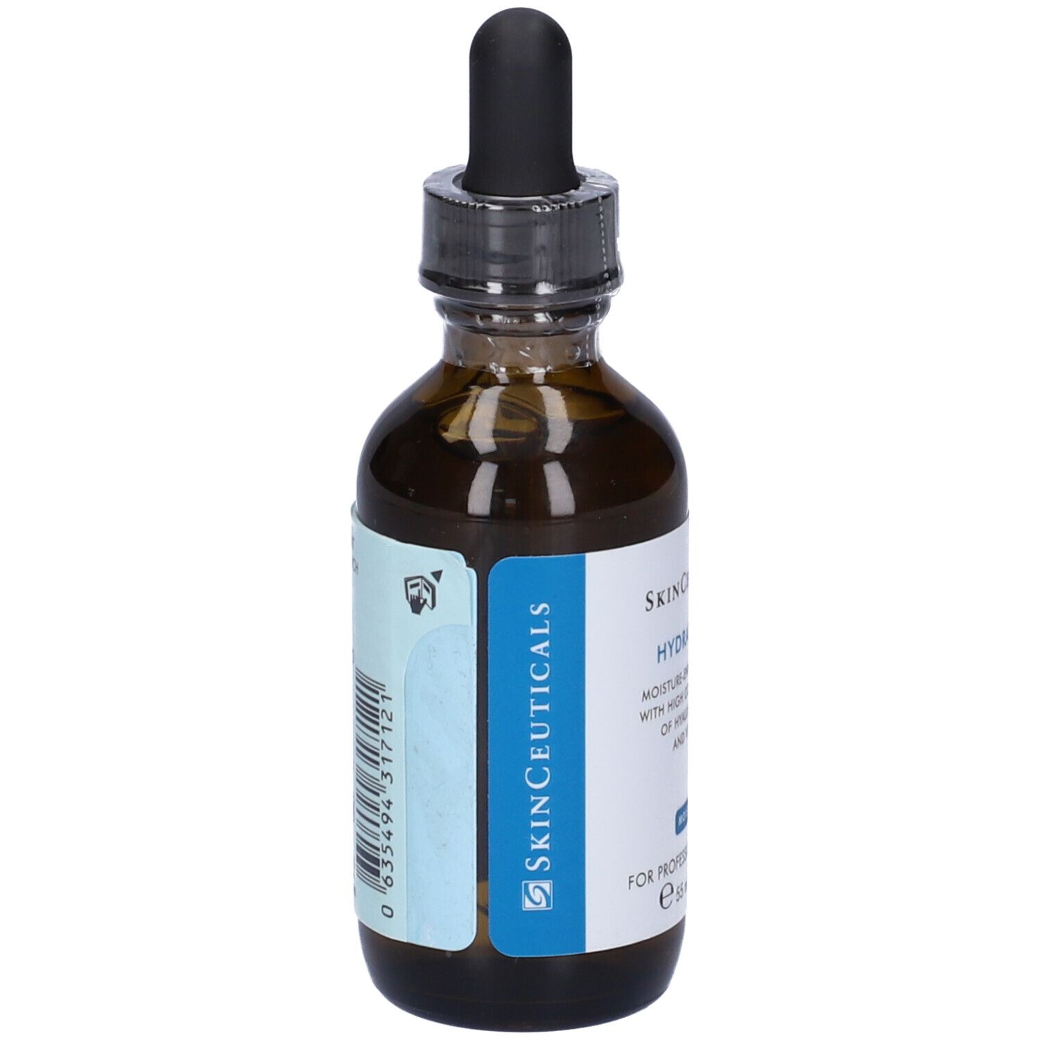 Flacone di vetro marrone con contagocce. Etichetta con nome del prodotto e ingredienti. "Skinceuticals Hydrating B5".