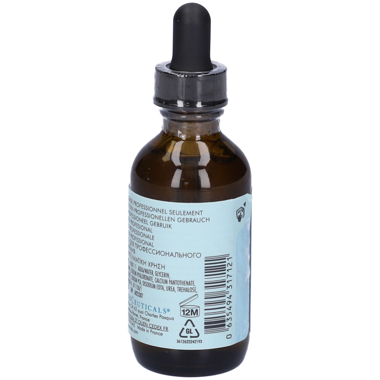 Flacone di vetro marrone con contagocce. Etichetta con nome del prodotto e ingredienti. "Skinceuticals Hydrating B5".