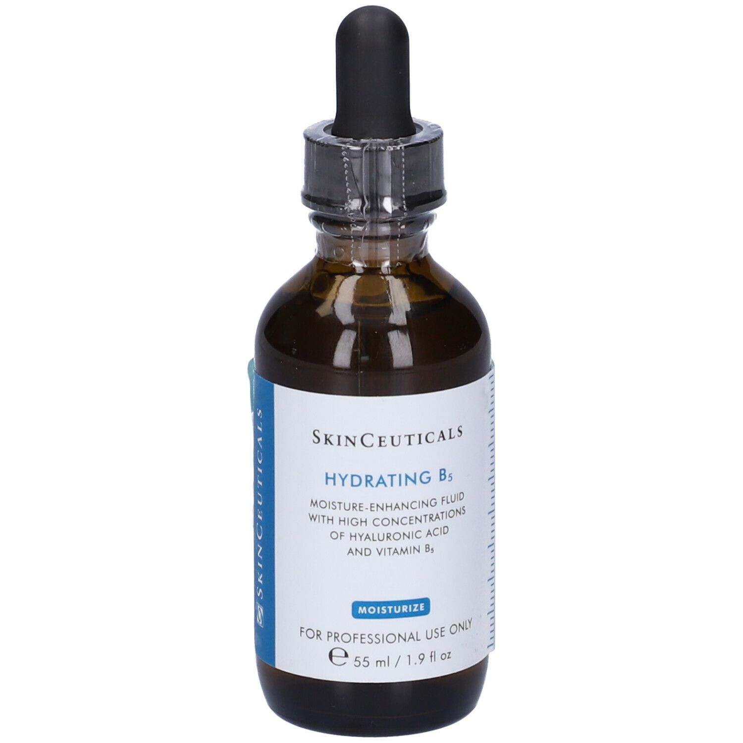 Flacone di vetro marrone con contagocce. Etichetta con nome del prodotto e ingredienti. "Skinceuticals Hydrating B5".