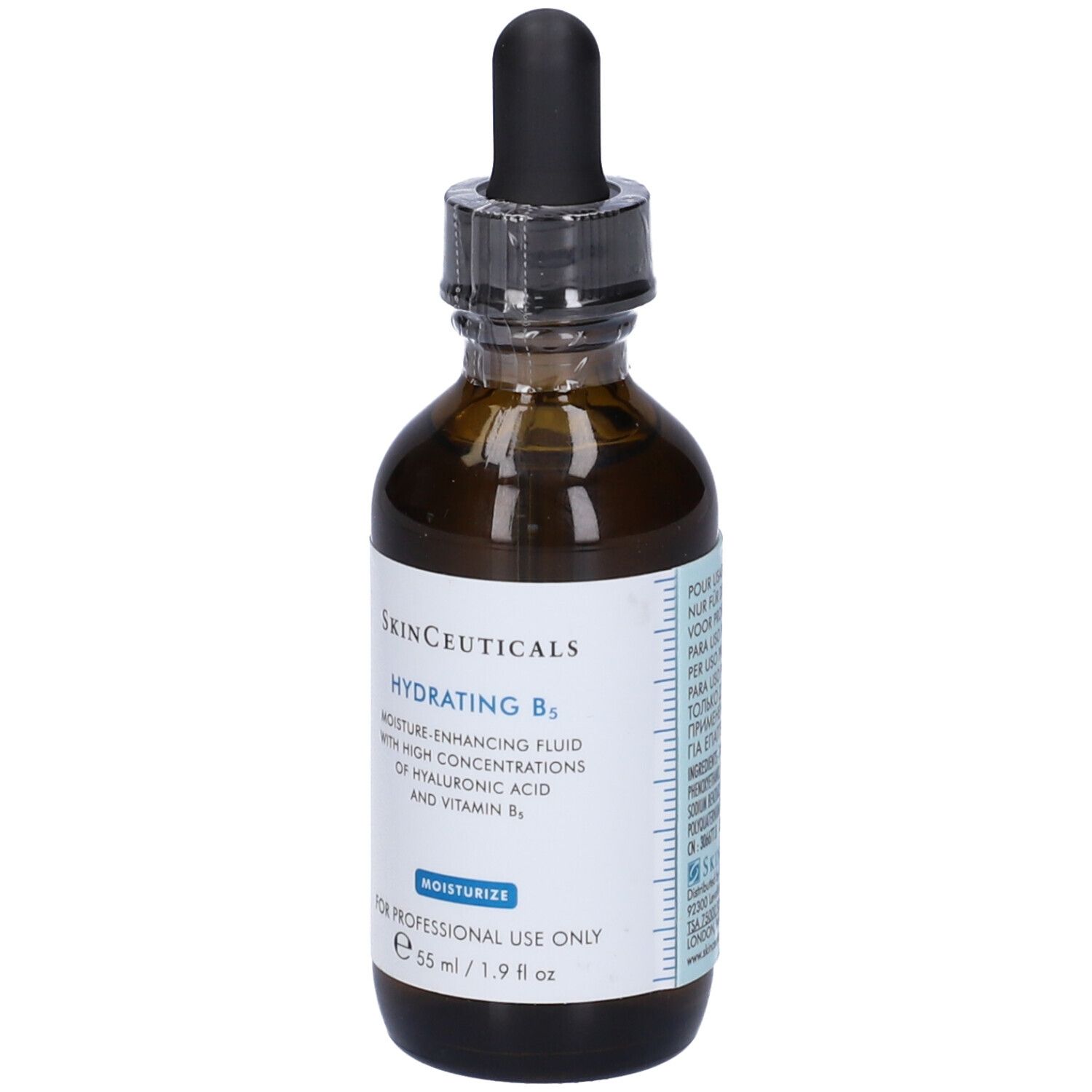 Flacone di vetro marrone con contagocce. Etichetta con nome del prodotto e ingredienti. "Skinceuticals Hydrating B5".