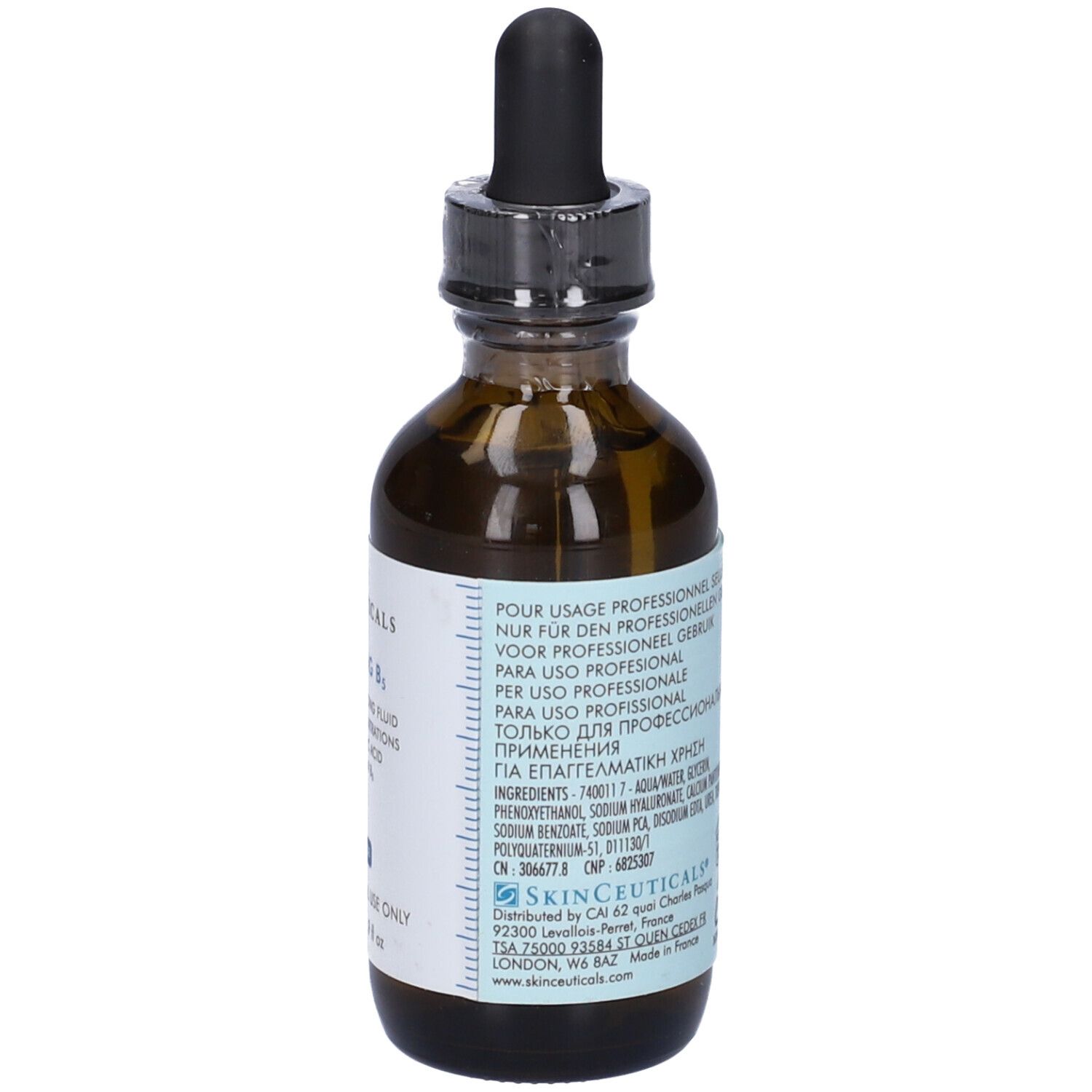 Flacone di vetro marrone con contagocce. Etichetta con nome del prodotto e ingredienti. "Skinceuticals Hydrating B5".