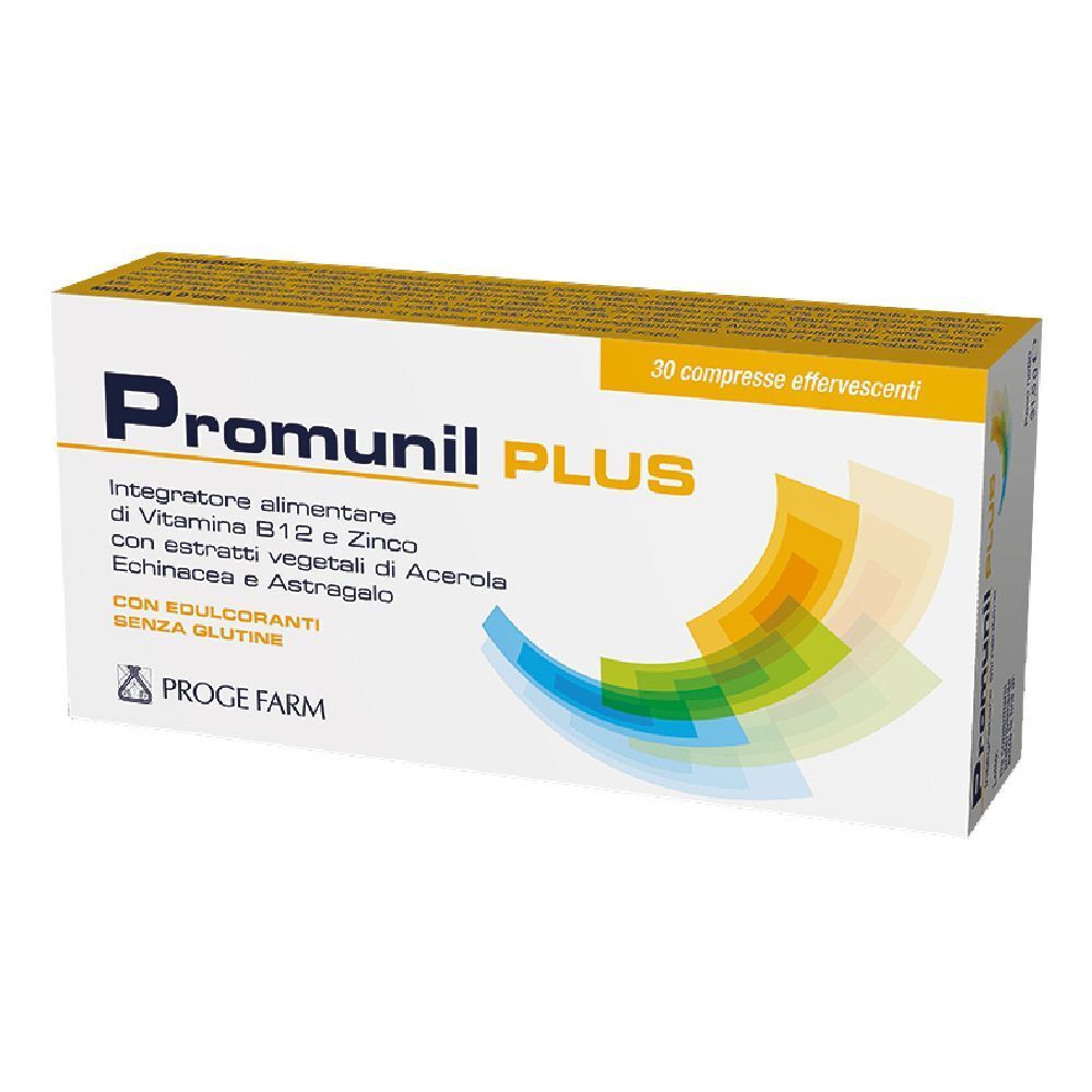Scatola bianca "Promunil PLUS". Contiene 30 compresse effervescenti. Integratore alimentare con Vitamina B12 e Zinco.