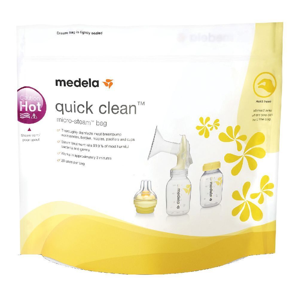 Confezione Medela Quick Clean Micro-Steam bag. Illustrazioni di biberon e accessori. Design giallo e bianco.