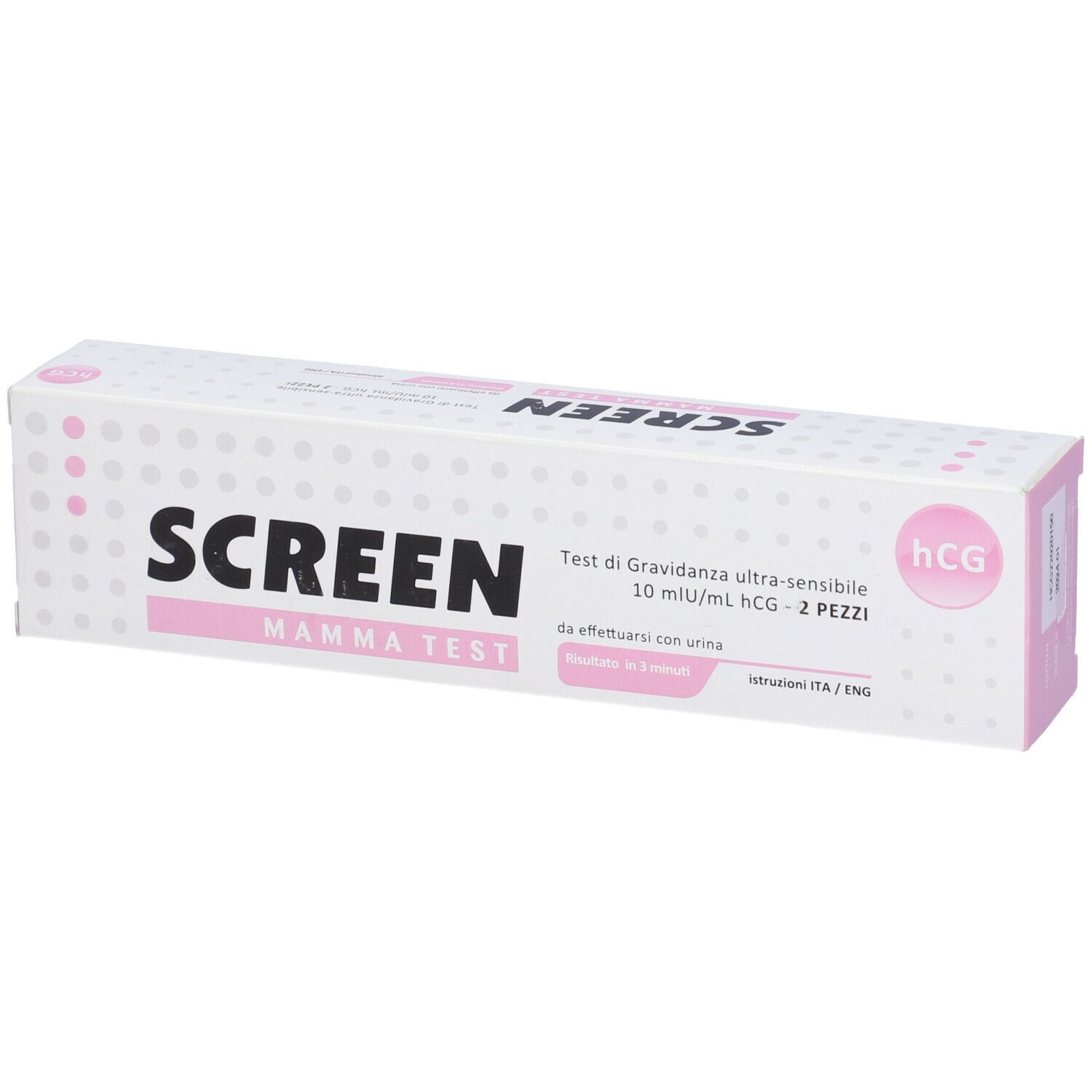 Confezione Screen Mamma Test. Scatola rosa e bianca con testo. Contiene 2 test di gravidanza.