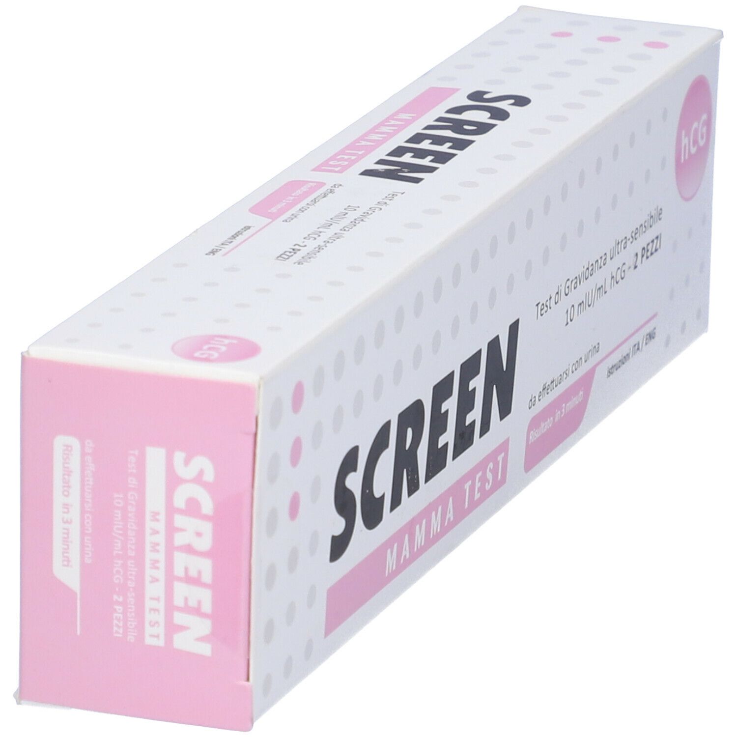 Vista angolata della confezione Screen Mamma Test. Scatola rosa e bianca con informazioni. 2 test.