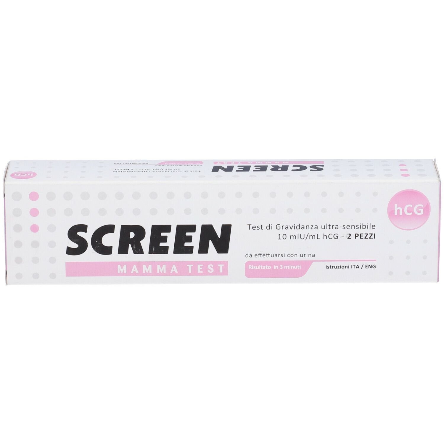 Confezione Screen Mamma Test. Scatola rosa e bianca con testo. Contiene 2 test.