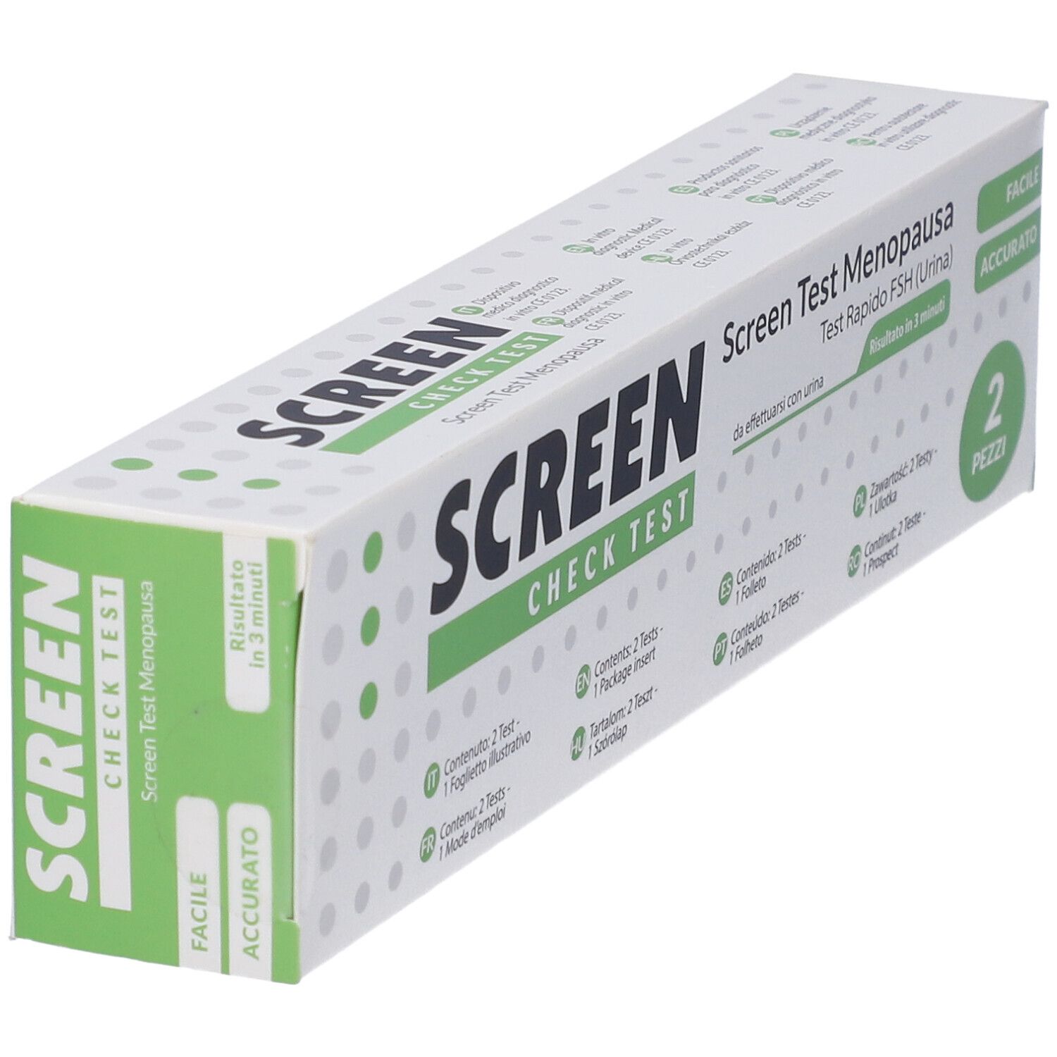 Packung mit zwei Screen Check Test Menopausa Schnelltests (Urin).