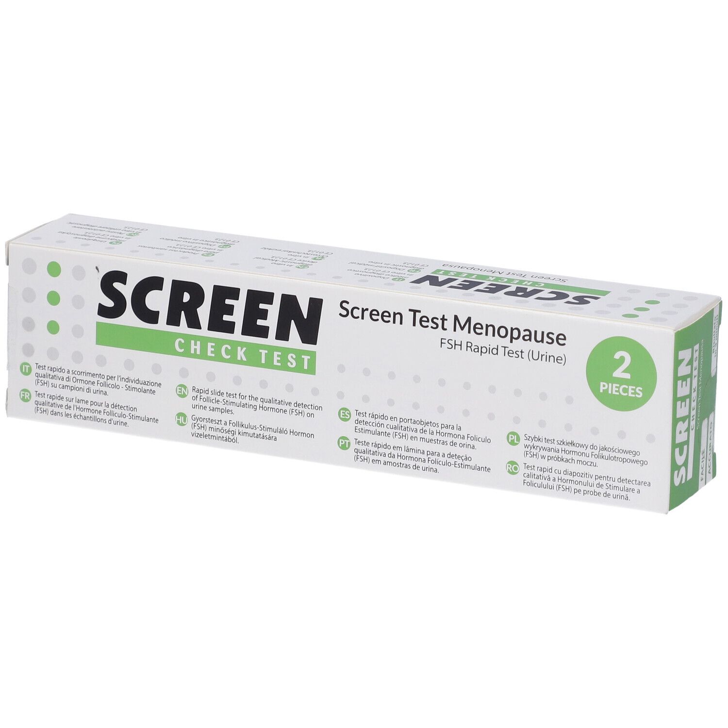 Packung mit zwei Screen Check Test Menopausa Schnelltests (Urin).