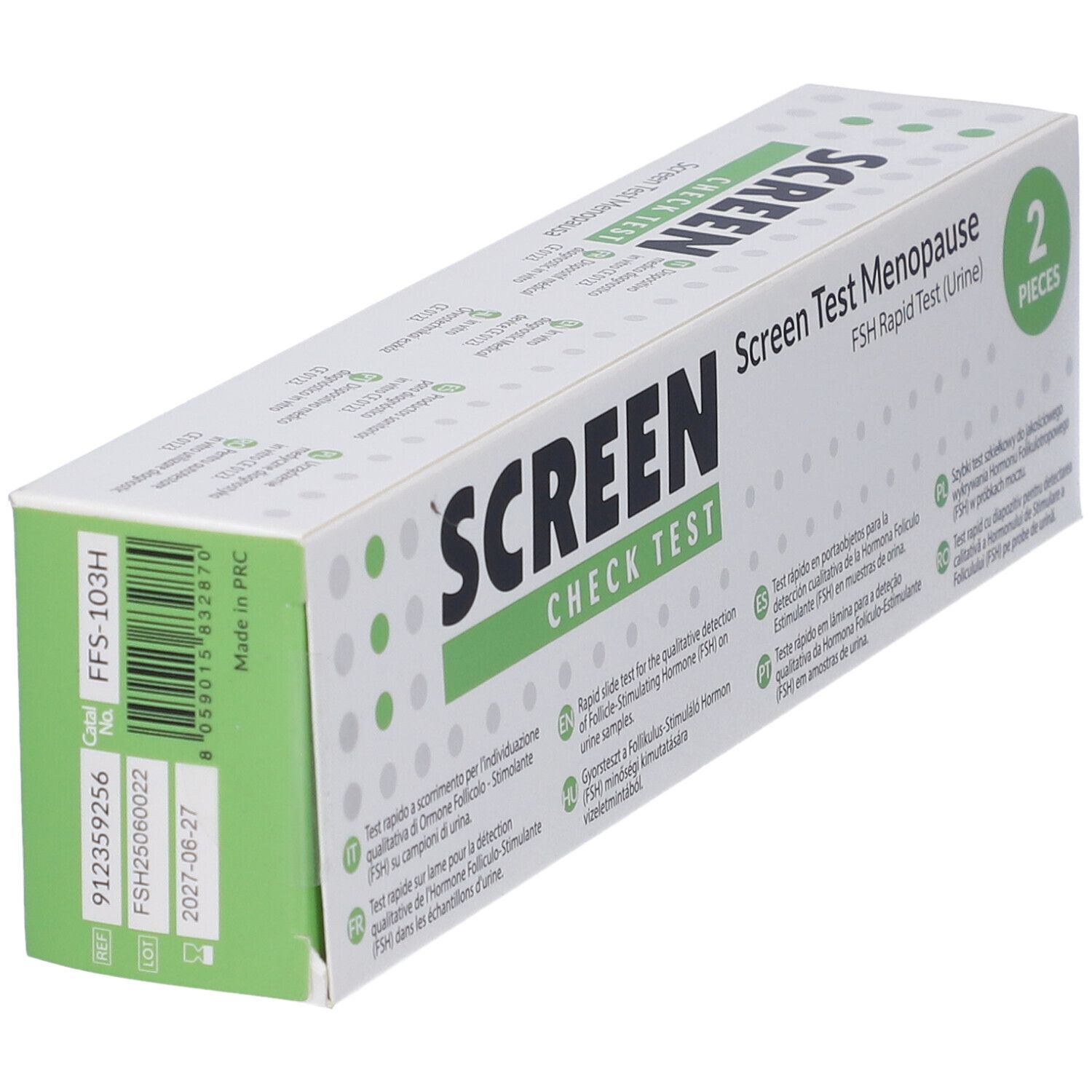 Packung mit zwei Screen Check Test Menopausa Schnelltests (Urin).