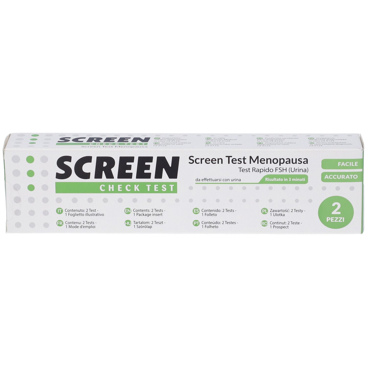 Packung mit zwei Screen Check Test Menopausa Schnelltests (Urin).