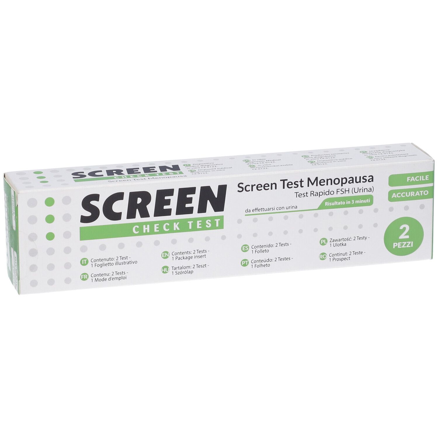 Packung mit zwei Screen Check Test Menopausa Schnelltests (Urin).