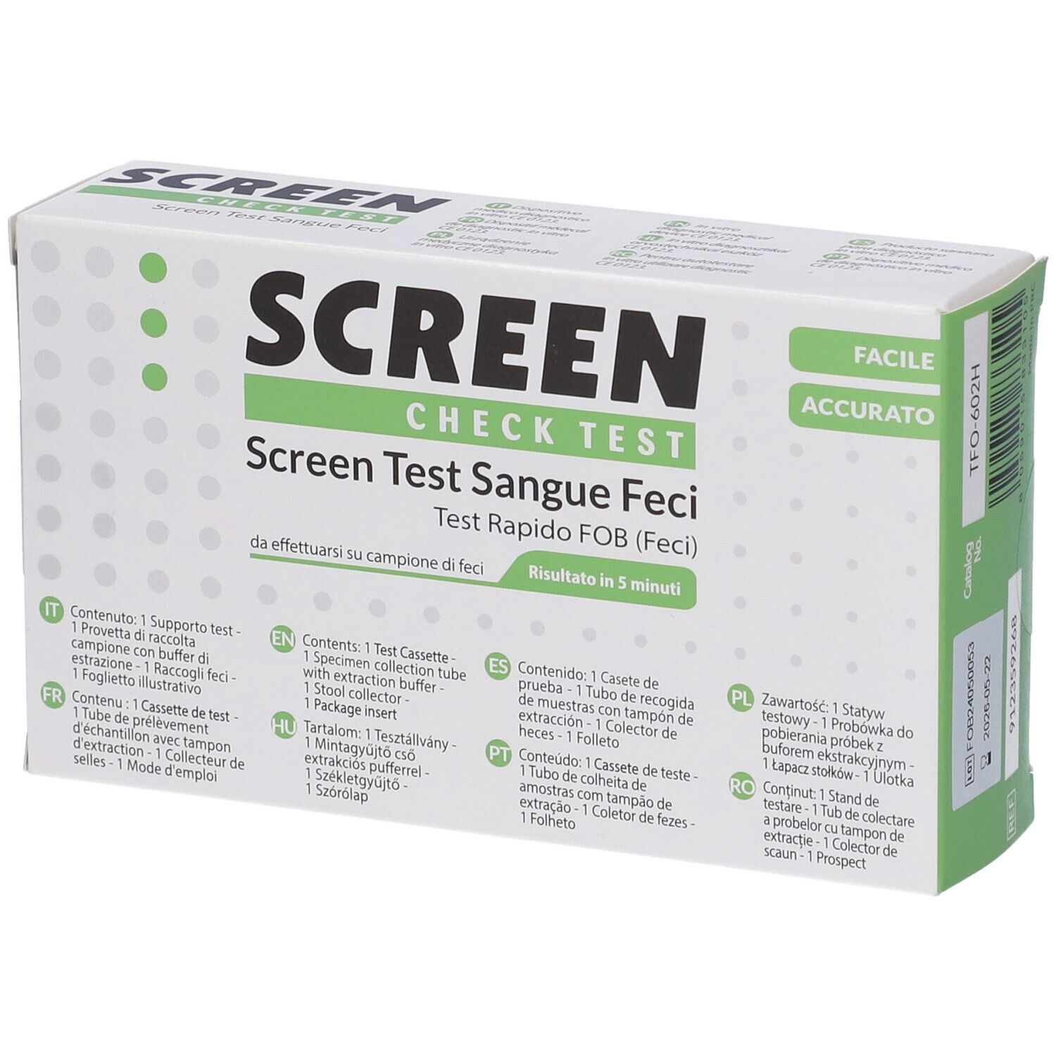 Confezione del test Screen Check. Testo: Screen Check Test, Screen Test Sangue Feci, Test Rapido FOB (Feci). Contenuti multilingue.