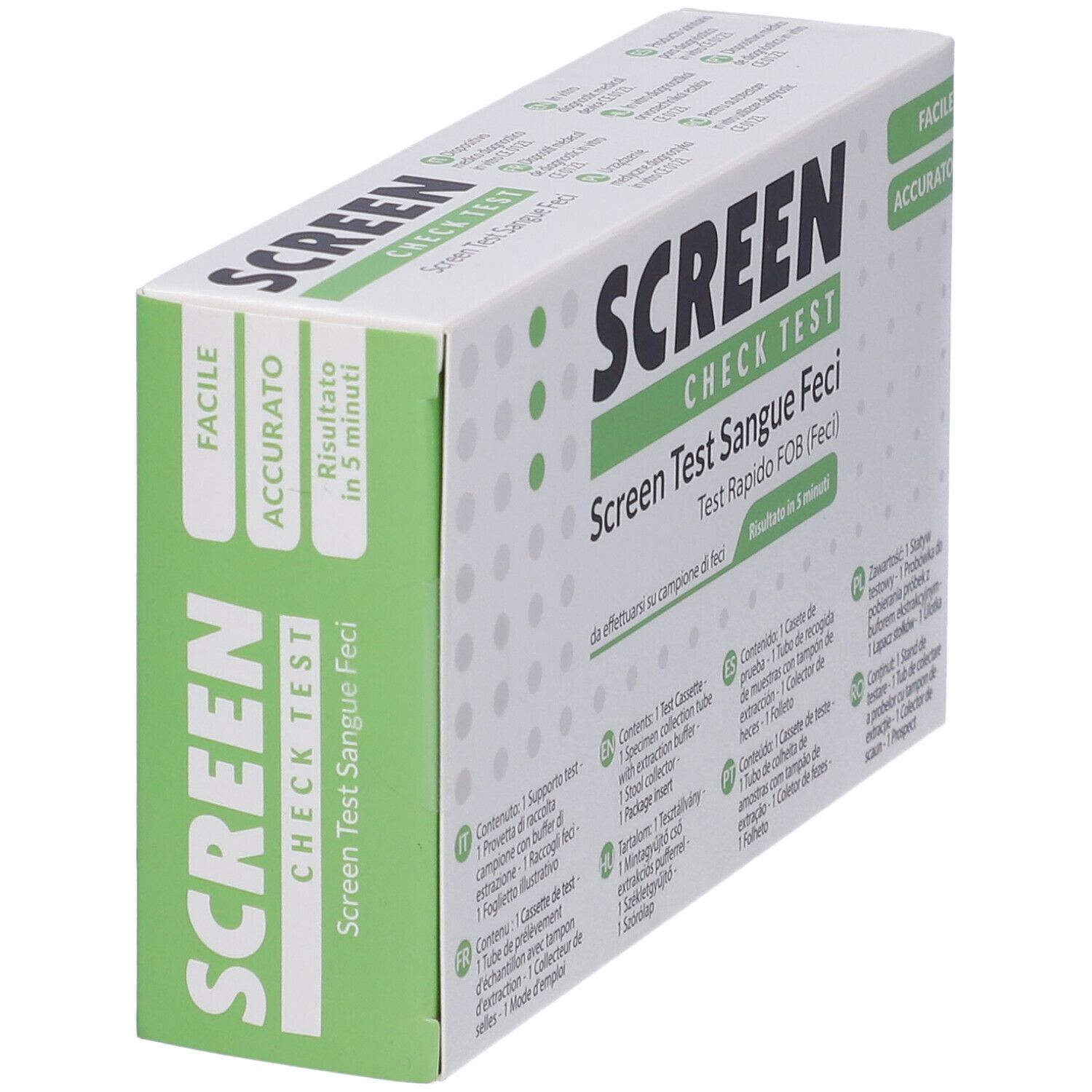 Confezione del test Screen Check. Testo: Screen Check Test, Screen Test Sangue Feci, Test Rapido FOB (Feci). Risultato in 5 minuti.