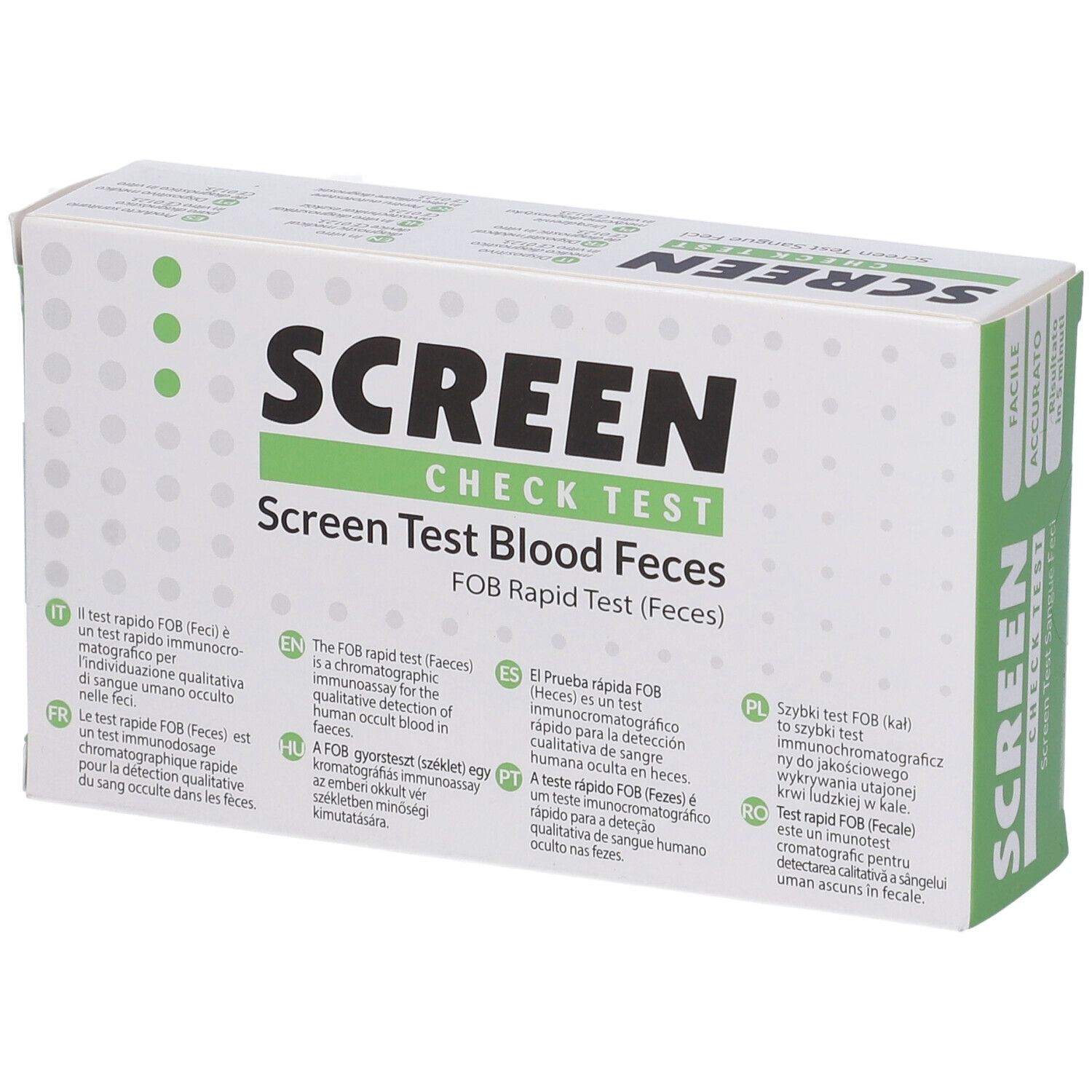 Confezione del test Screen Check. Testo: Screen Check Test, Screen Test Blood Feces, FOB Rapid Test (Feces). Testo multilingue.