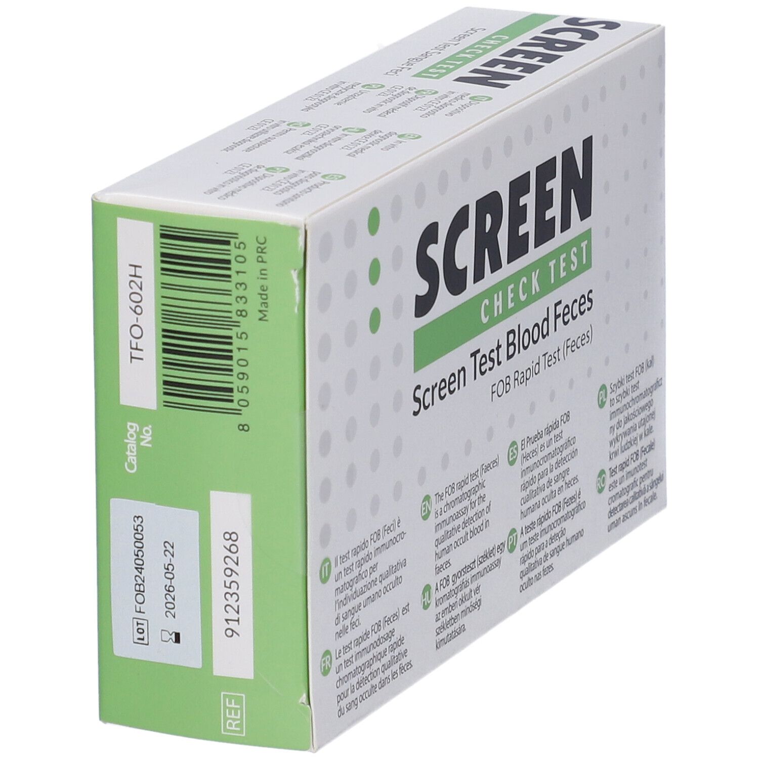 Confezione del test Screen Check. Testo: Screen Test Blood Feces, FOB Rapid Test (Feces). Numeri di lotto e REF. Prodotto in RPC.