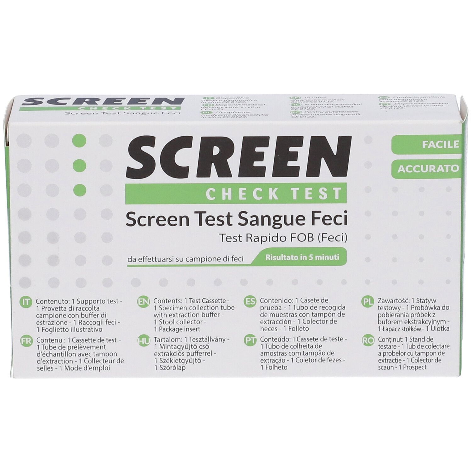Confezione del test Screen Check. Testo: Screen Test Sangue Feci, Test Rapido FOB (Feci). Risultato in 5 minuti. Contenuti multilingue.
