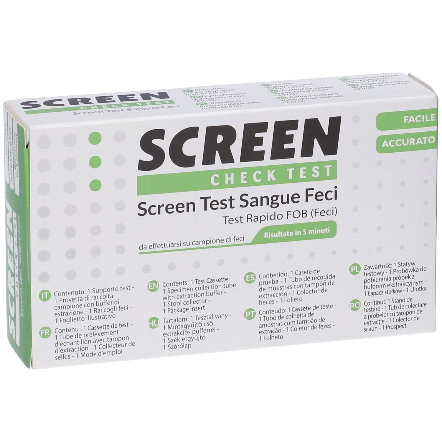 Confezione del test Screen Check. Testo: Screen Test Sangue Feci, Test Rapido FOB (Feci). Risultato in 5 minuti. Contenuti multilingue.