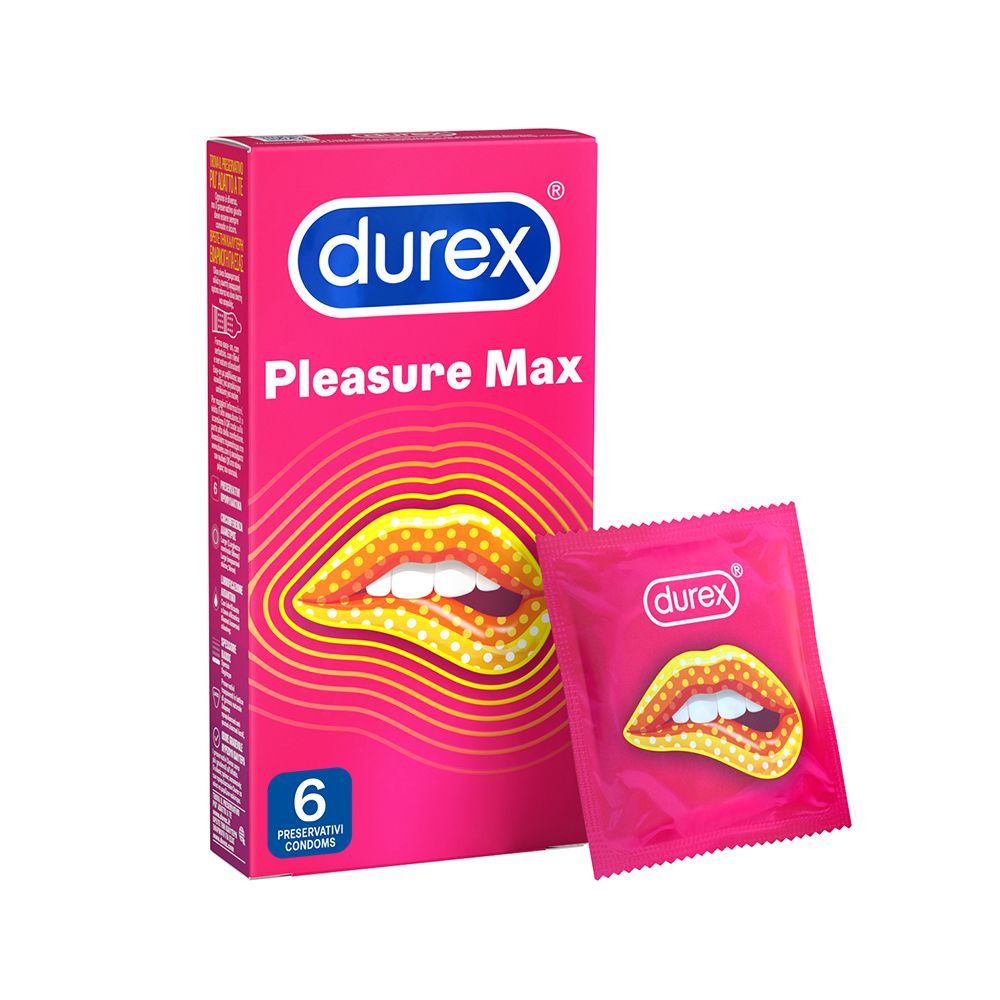 Rosa Kondom-Packung und Einzelkondom. Marke: Durex. Packung mit 6 Kondomen. Text: Pleasuremax.