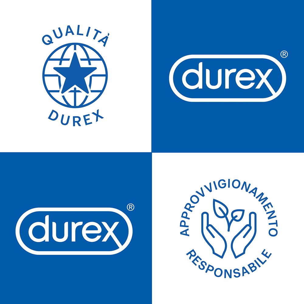 Vier Logos der Marke Durex. Logos mit Text und Globus-Symbol. Logo mit Blättern und Händen.