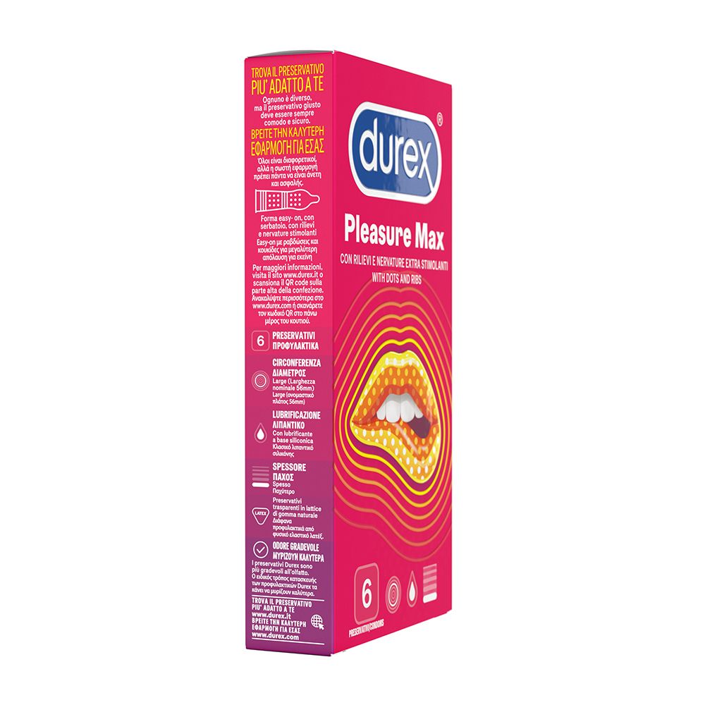 Rosa Kondom-Packung. Marke: Durex. Text: Pleasuremax. Packung mit 6 Kondomen. Informationen auf der Verpackung.