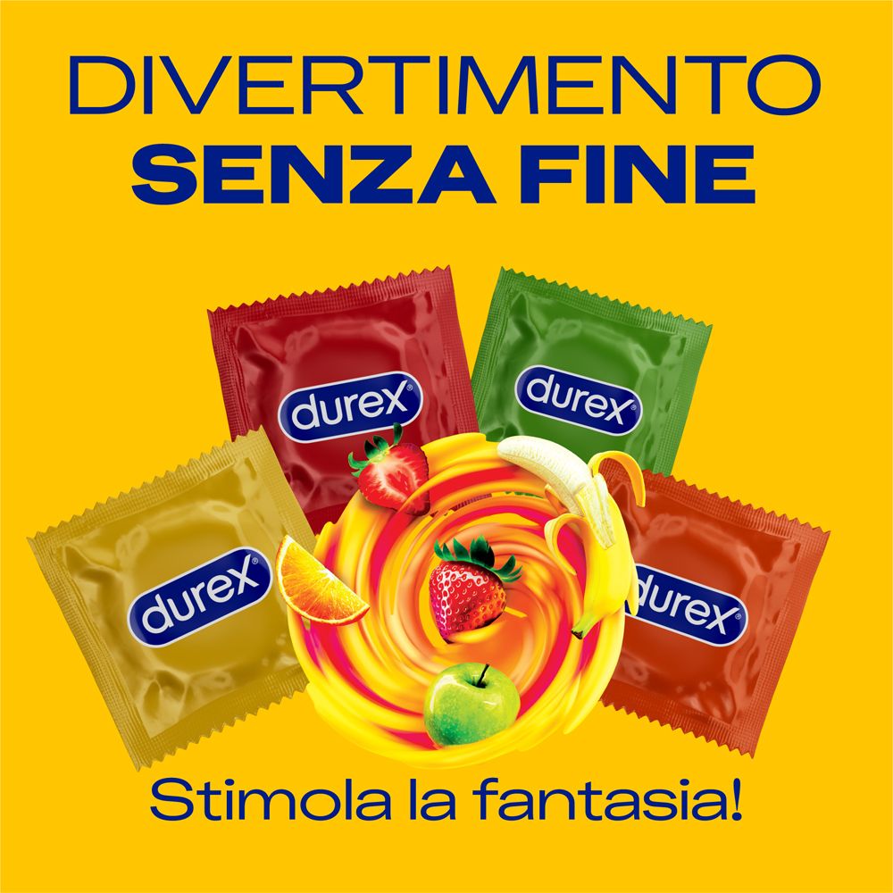 Vier Durex Kondompackungen in Rot, Gelb, Grün und Orange, umgeben von Früchten und einem bunten Strudel.