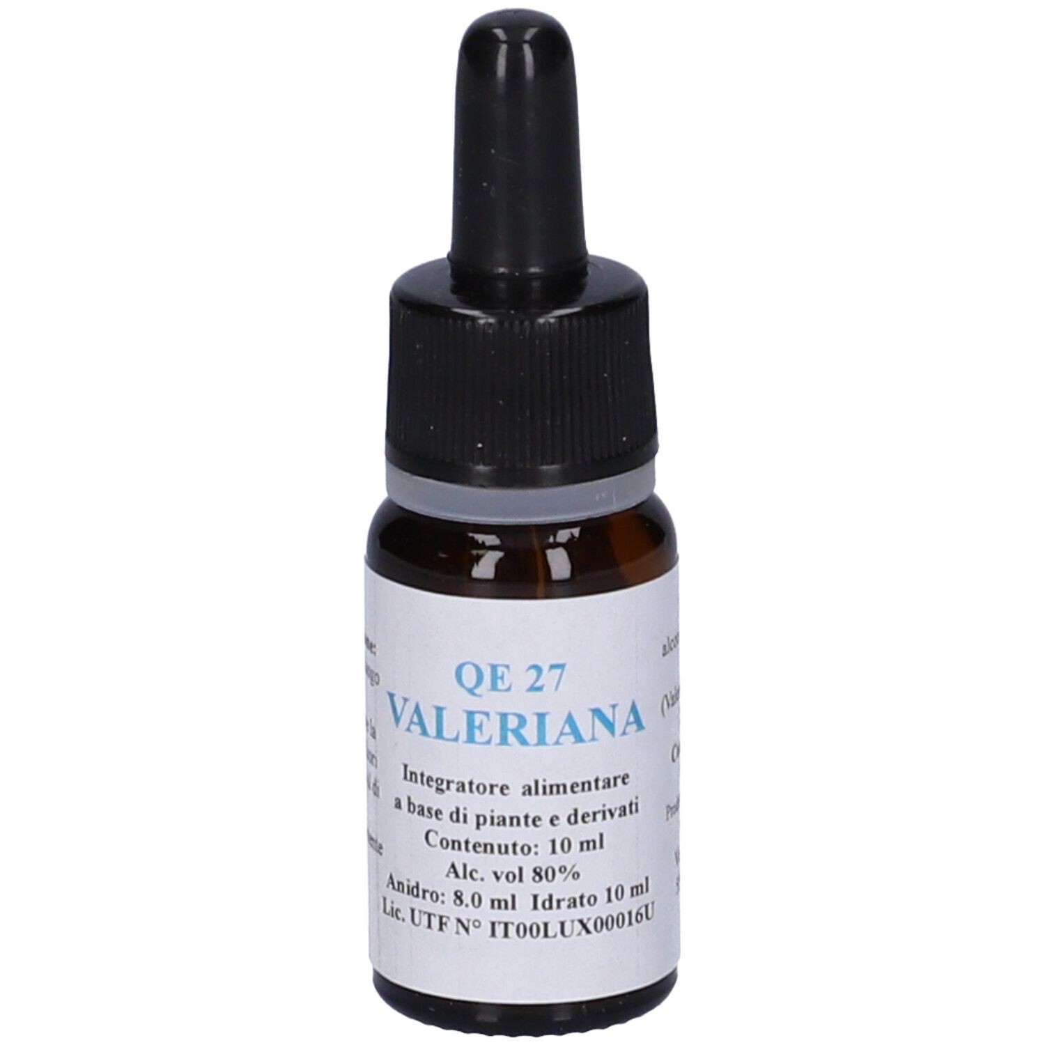 Flacone di vetro marrone con contagocce nero. Etichetta con testo: QE 27 Valeriana, 10 ml. Contiene alcol. Integratore alimentare.