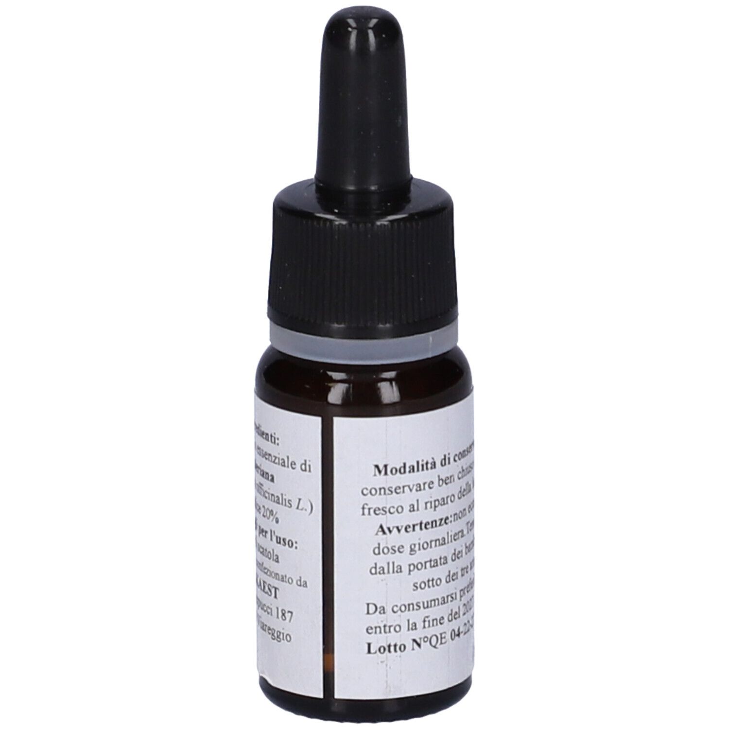 Flacone di vetro marrone con contagocce nero. Etichetta con testo. Contiene informazioni sull'uso e ingredienti. Integratore alimentare.