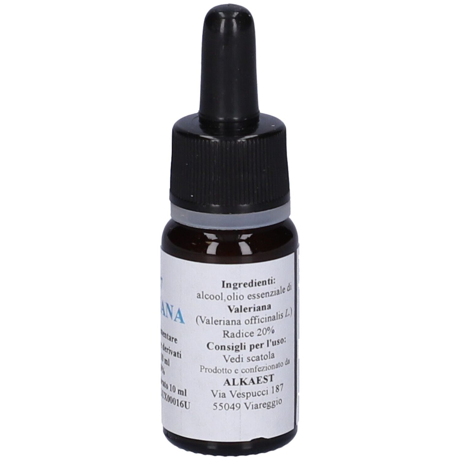 Flacone di vetro marrone con contagocce nero. Etichetta con testo: QE 27 Valeriana, 10 ml. Contiene ingredienti e informazioni produttore.