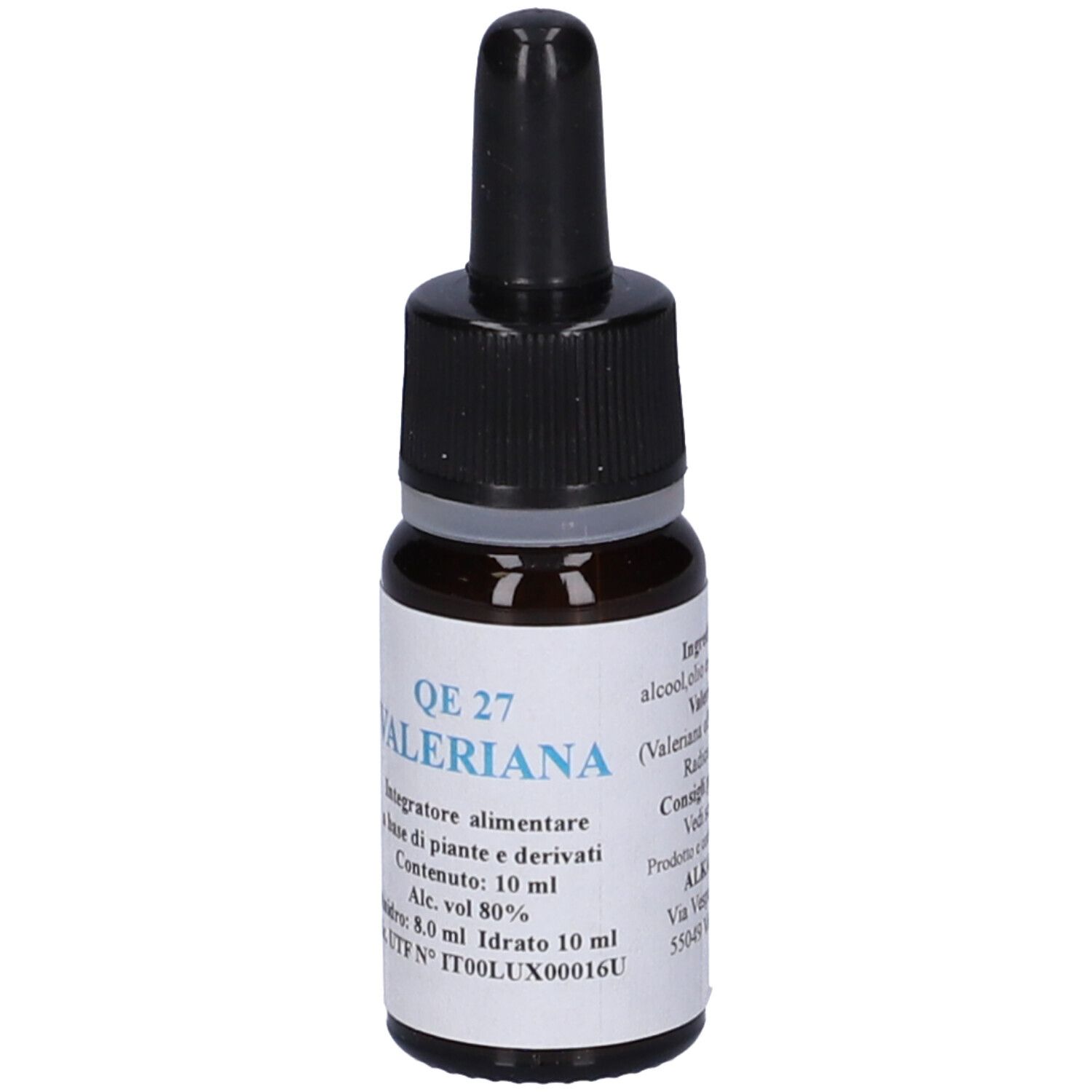 Flacone di vetro marrone con contagocce nero. Etichetta con testo: QE 27 Valeriana, 10 ml. Contiene alcol. Integratore alimentare.