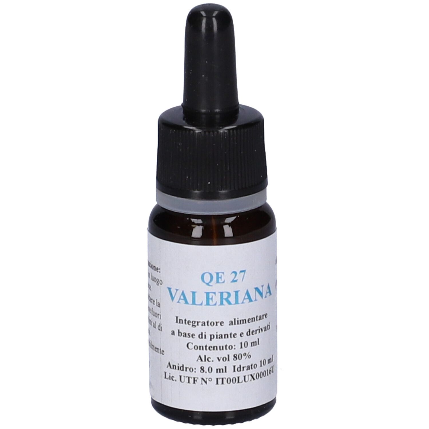 Flacone di vetro marrone con contagocce nero. Etichetta con testo: QE 27 Valeriana, 10 ml. Contiene alcol. Integratore alimentare.