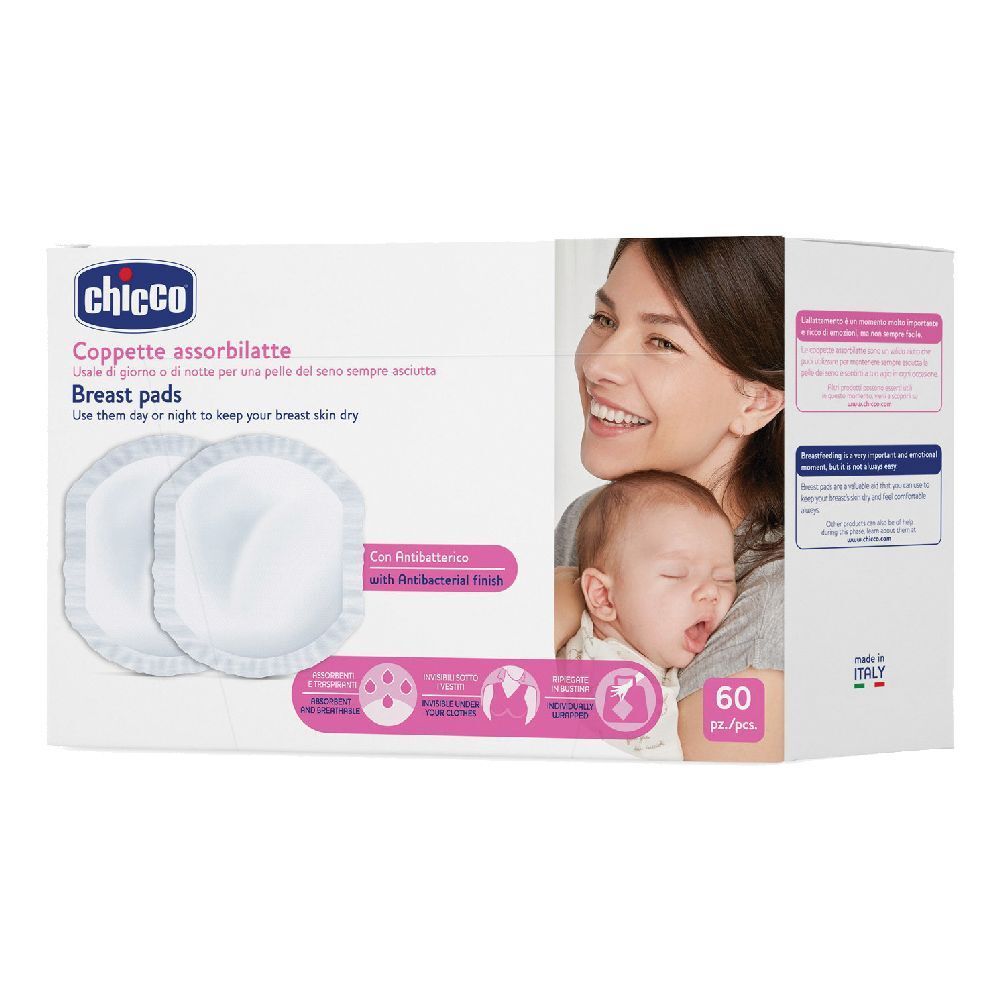 Boîte de coussinets d'allaitement Chicco®. Deux coussinets visibles. Emballage avec mère et bébé. Texte : 'Breast pads'.