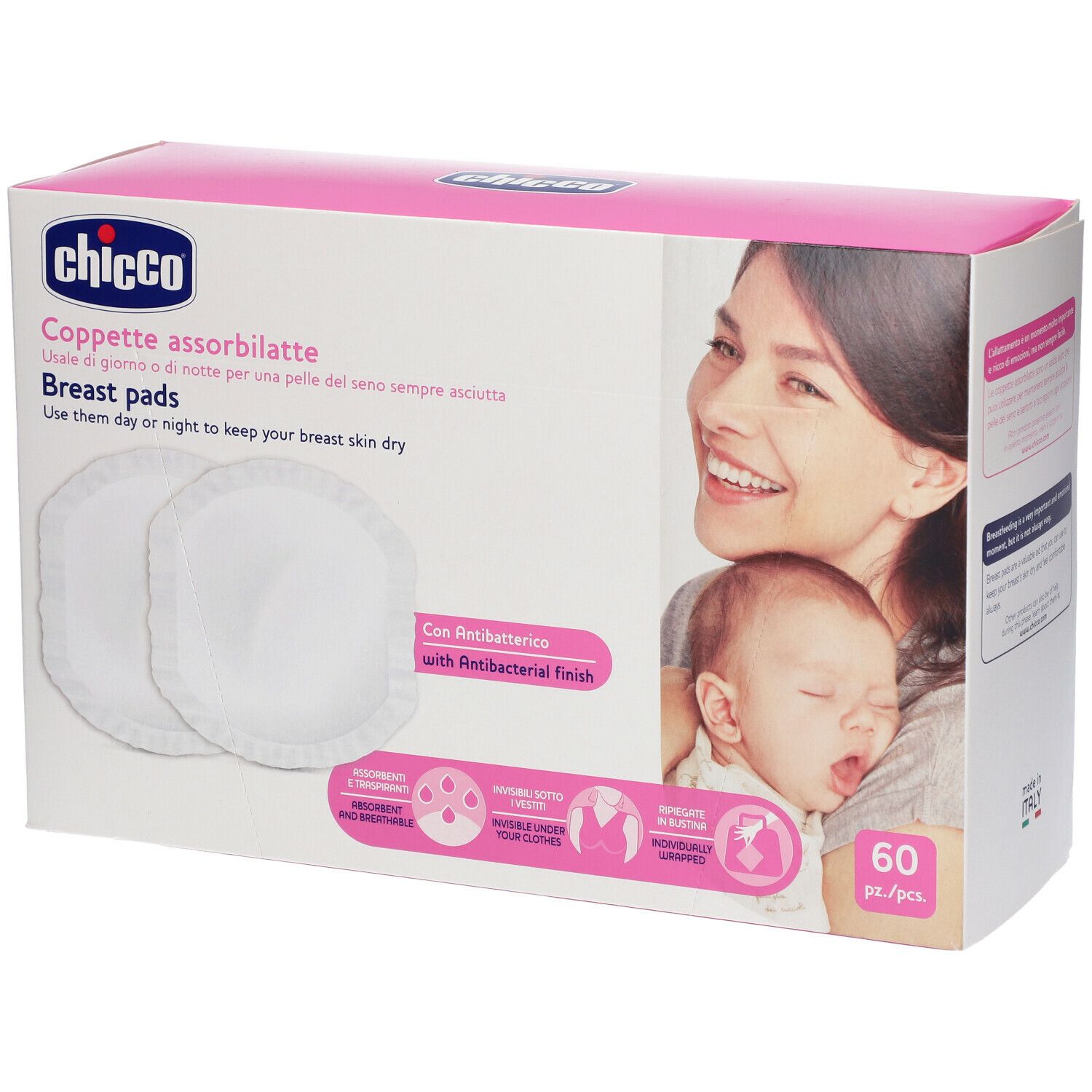 Boîte de coussinets d'allaitement Chicco®. Deux coussinets visibles. Emballage avec mère et bébé. Texte : 'Breast pads'.