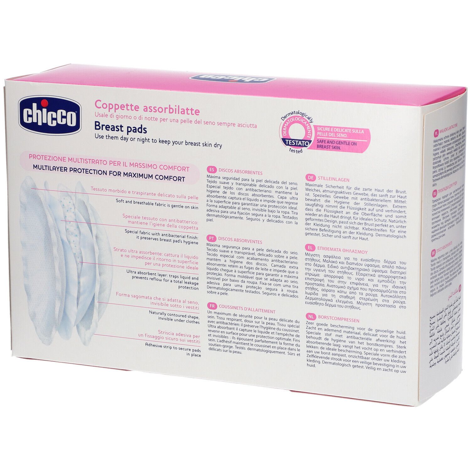 Dos de la boîte de coussinets d'allaitement Chicco®. Structure multicouche. Texte : 'Breast pads'.
