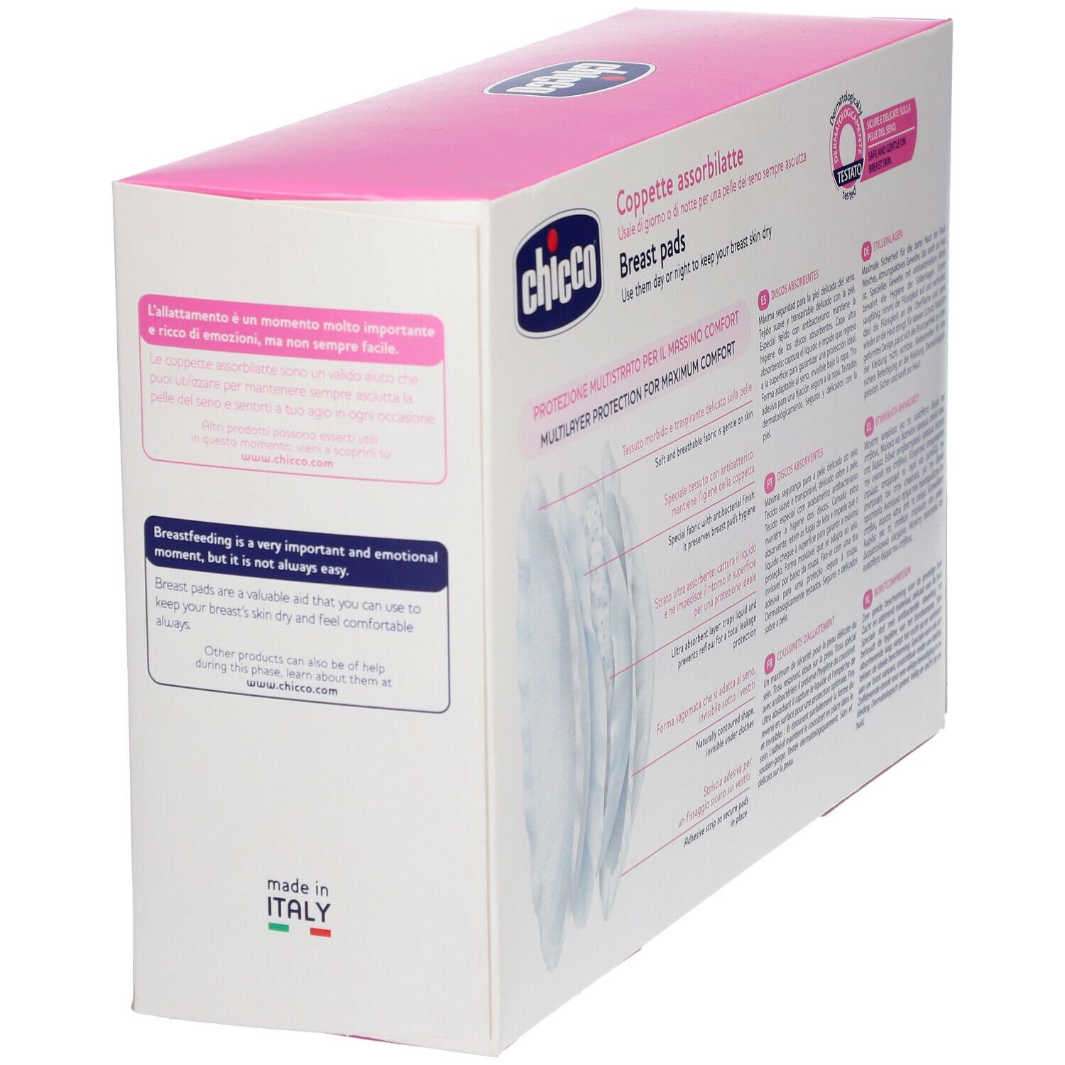 Côté de la boîte de coussinets d'allaitement Chicco®. Texte : 'Breast pads'. Fabriqué en Italie.