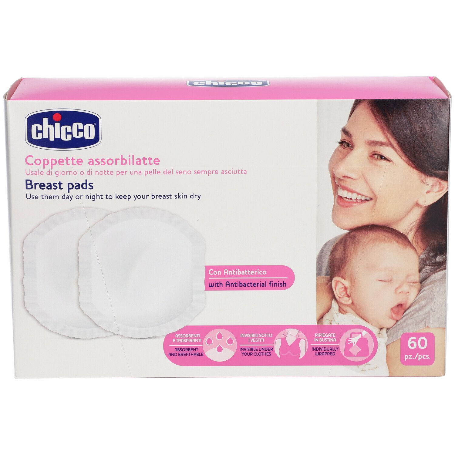 Boîte de coussinets d'allaitement Chicco®. Deux coussinets visibles. Emballage avec mère et bébé. Texte : 'Breast pads'.