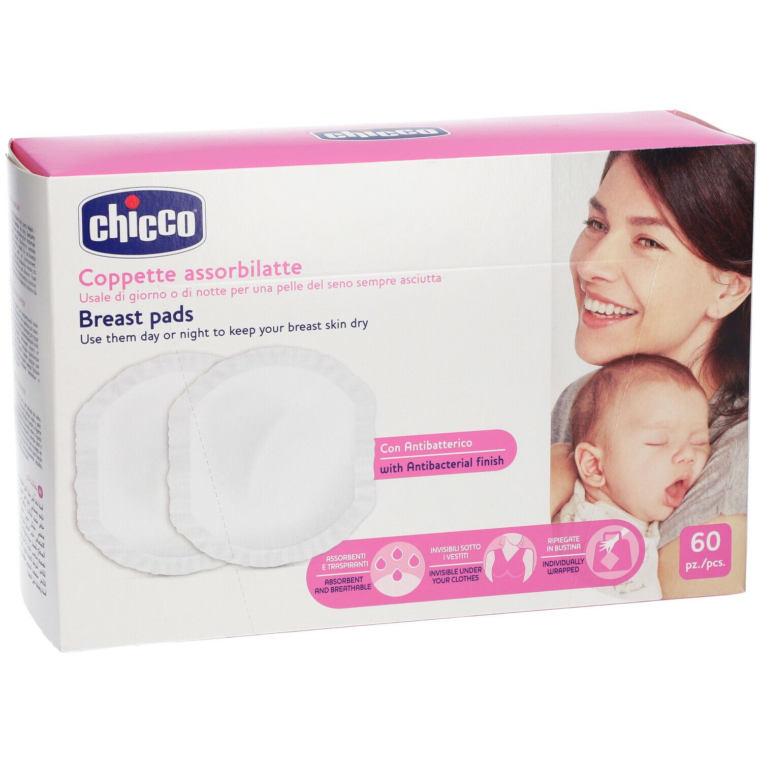 Boîte de coussinets d'allaitement Chicco®. Deux coussinets visibles. Emballage avec mère et bébé. Texte : 'Breast pads'.
