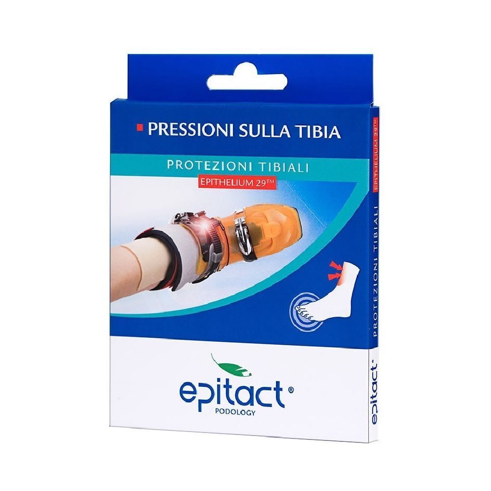 Confezione con immagine del prodotto. Testo: "PRESSIONI SULLA TIBIA", "PROTEZIONI TIBIALI", "epitact". Mostrata una gamba con il prodotto.