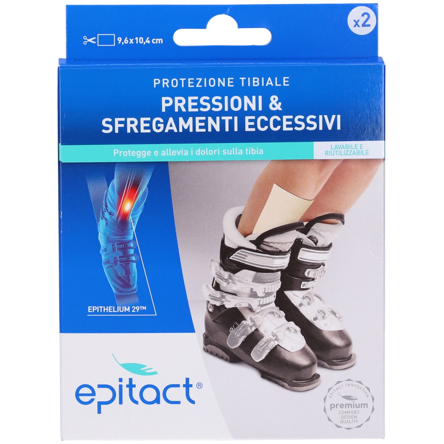Confezione con immagine del prodotto. Testo: "PROTEZIONE TIBIALE", "PRESSIONI & SFREGAMENTI ECCESSIVI", "epitact". Mostrata una gamba con il prodotto e scarponi da sci.