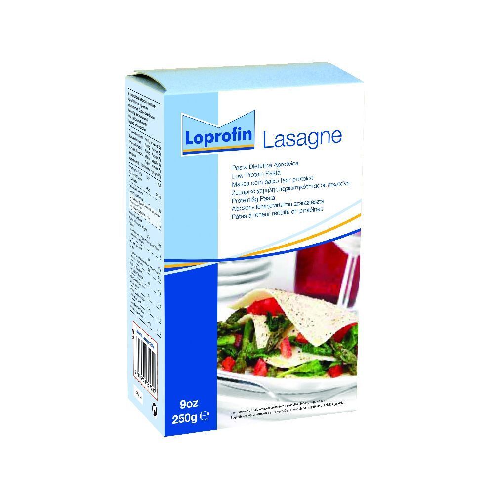 Confezione di Loprofin Lasagne. Scritta: Lasagne, 250g, 9oz. Immagine: Lasagne su piatto con verdure. Testo multilingue.