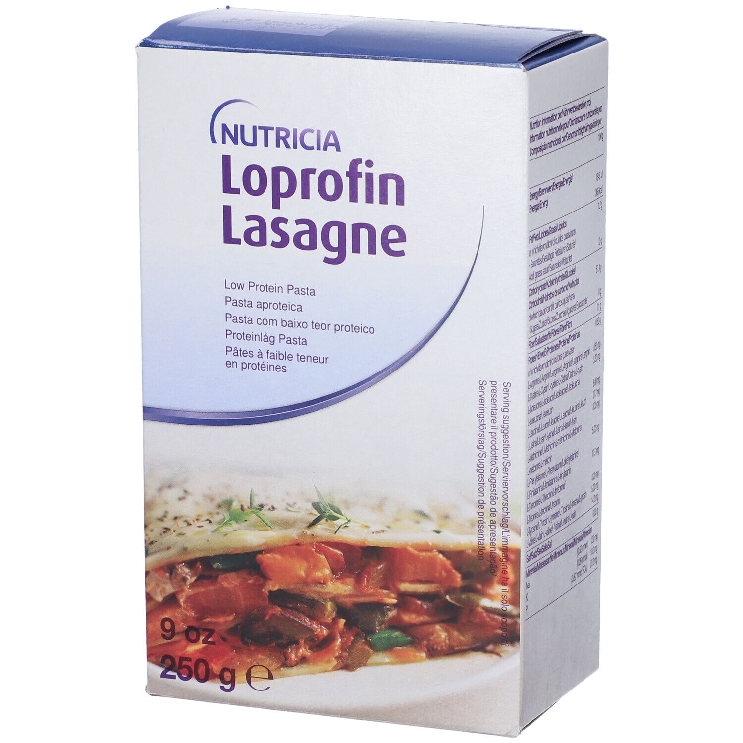 Confezione di Loprofin Lasagne. Scritta: Nutricia, Lasagne, 250g, 9oz. Immagine: Lasagne. Testo multilingue.