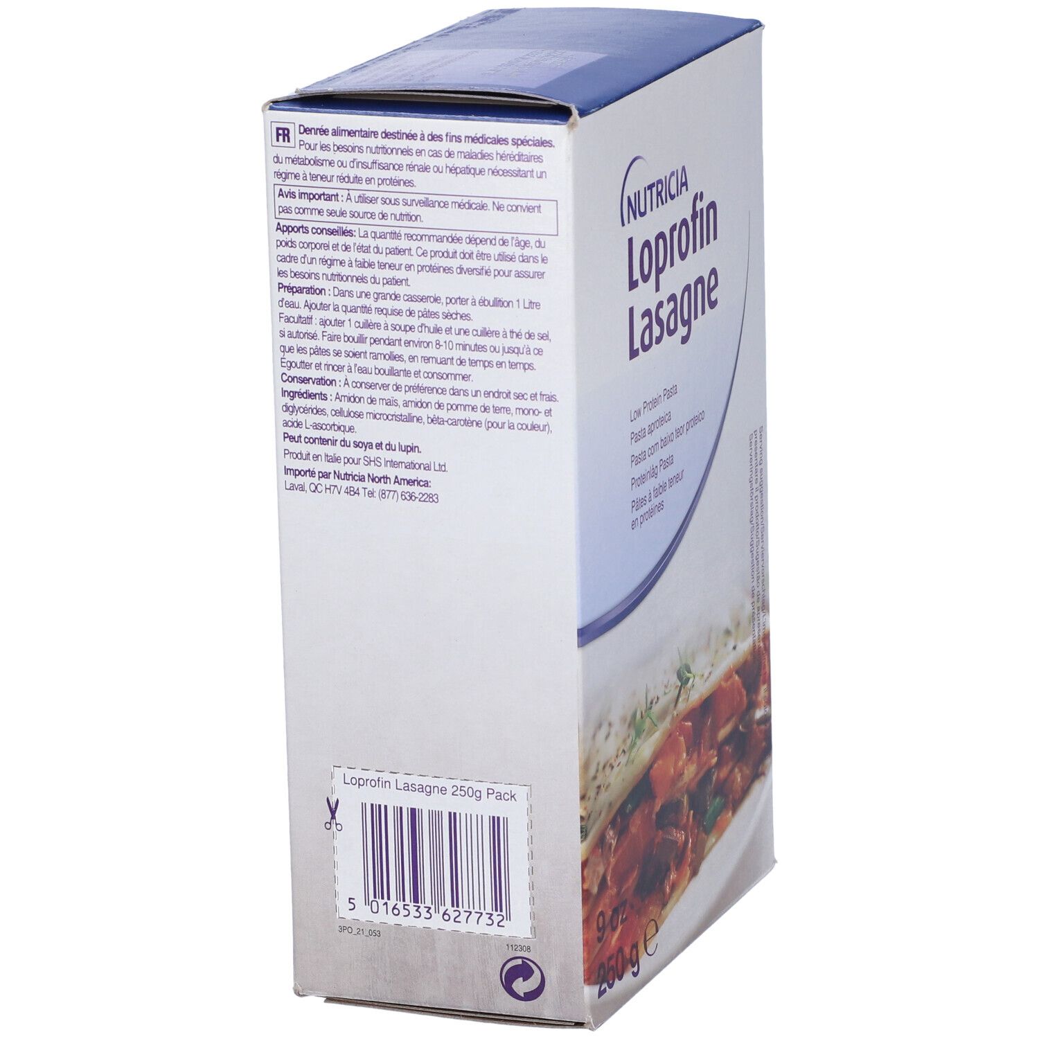 Confezione di Loprofin Lasagne. Scritta: Nutricia, Lasagne, 250g. Testo multilingue. Retro con testo.
